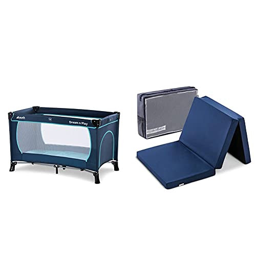 Hauck travel Bed Dream N Play Plus, incl travel Bed Mattress, Portable and Foldable, 120 x 60 cm, Blue & Sleeper Reisebett-/Schaumstoff Matratze, 60 x 120 cm, 6 cm hoch, Navy blau