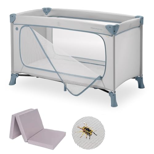 hauck Baby Reisebett Set Dream n Play Plus mit Matratze und Moskitonetz - faltbares Kinder Babyreisebett mit Tasche und großem Eingang - Dusty Blue