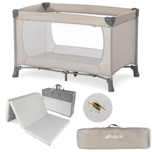 hauck Baby Reisebett Set Dream n Play inkl. Matratze & Insektenschutz | faltbares Kinder Babyreisebett mit Tasche - Beige