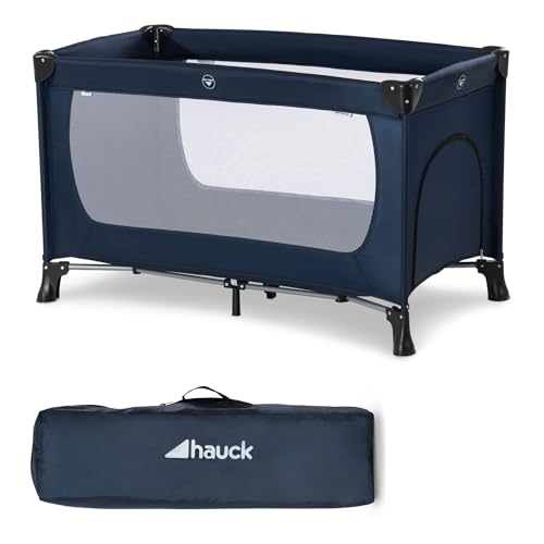 hauck Kinderreisebett Dream N Play Plus mit Transporttasche und Schlupf zum Spielen, Klein Zusammenklappbar, Baby Reisebett Kleinkind ab Geburt bis 15 kg (Navy/Aqua)