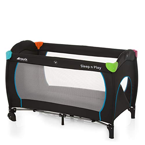 hauck Kinderreisebett Sleep N Play Go Plus mit Transporttasche, Rädern, Schlupf zum Spielen, Klein Zusammenklappbar, Baby Reisebett Kleinkind ab Geburt bis 15 kg (Multicolor Black)