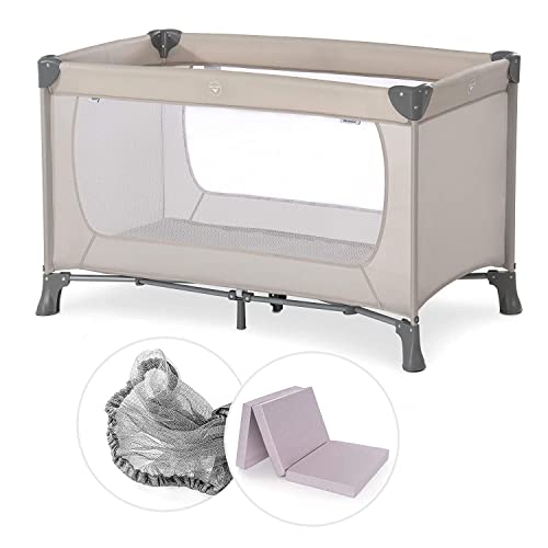 Hauck Baby Reisebett Set Dream n Play mit extra Alvi Komfort Matratze und Moskitonetz - faltbares Kinder Babyreisebett mit Tasche - Beige