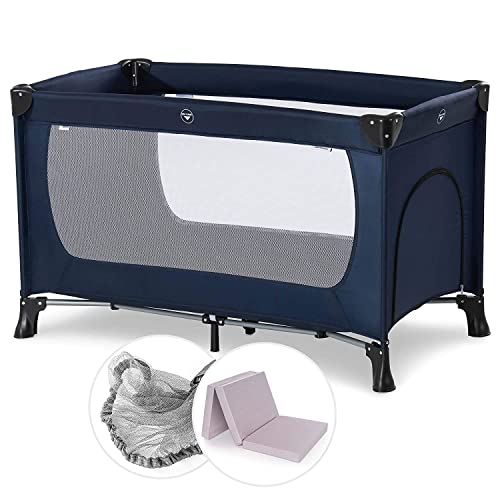Hauck Baby Reisebett Set mit Matratze und Moskitonetz Dream n Play - faltbares Kinder Babyreisebett mit Tasche und seitlichem Eingang - Navy Blau