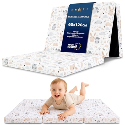 Klappmatratze Faltbare Reisebett Baby Matratze 60x120 cm - Faltmatratze für Kinder Gästematratze klappbar Babymatratze Bodenmatratze Schlafmatratze und Reisematratze Eulen