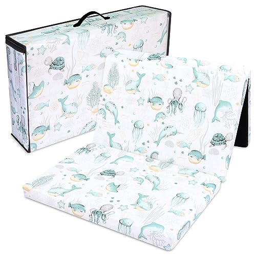 Reisebett Matratze 60x120 cm faltbar - Dicke Faltbare Matratze für Baby Klappmatratze Kinder Matratze Reisebett 120x60 Wassertiere Blau